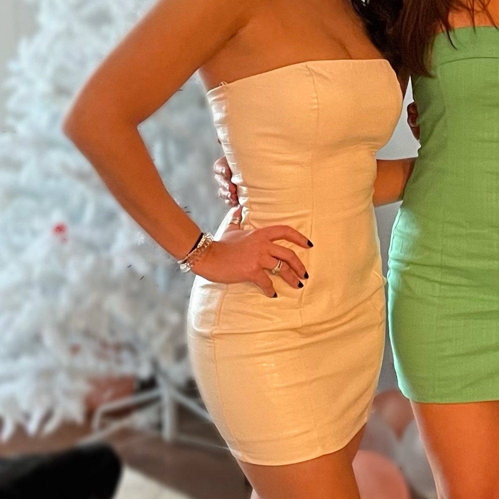 Leather Cream Strapless Dress